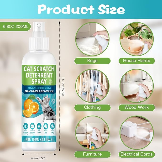 Cat Deterrent Spray, Natural Non-Toxic Cat Repellent Spray, Indoor & Outdoor Pet Training Cat Anti-Scratch Spray for Furniture, Carpet, Sofas, Curtain Protection, No Trace Formula (200 ML)