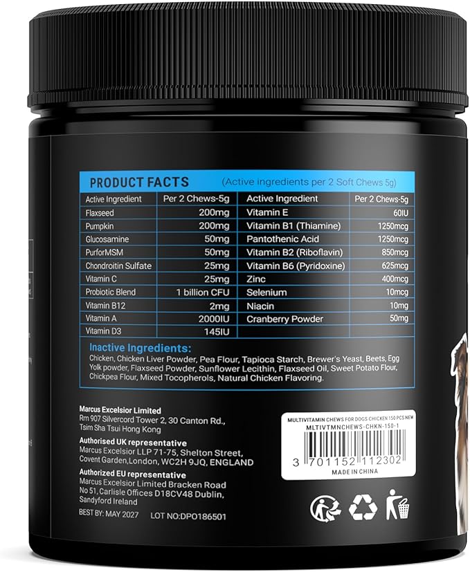 Dog Vitamins and Supplements - 150 Dog Multivitamin Chewable - Immune, Joint Support, Skin, Gut Health + Packed with Omega 3s, Glucosamine & Probiotics - Safe for Puppy - Chicken