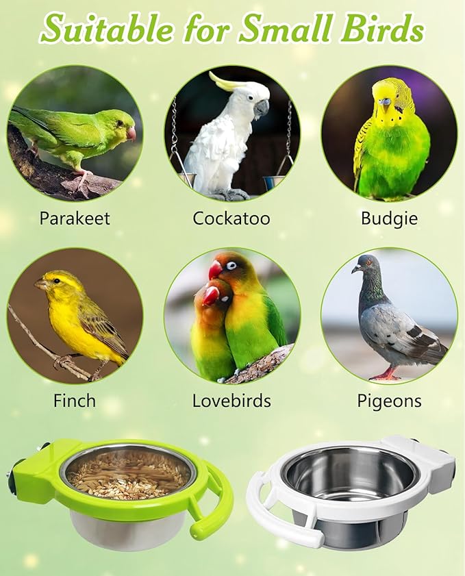 BNOSDM Hanging Stainless Steel Bird Bowls 4 PCS Bird Feeding Dish Cups with Perch Stand Birds Food Container Food and Water Bowls with Spoon for Budgie Cockatoo Finch Lovebirds Pigeons (Green)