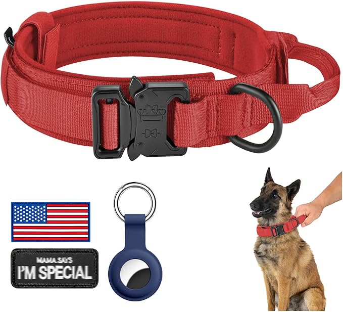 DAGANXI Tactical Dog Collar, Adjustable Military Training Nylon Dog Collar with Control Handle and Heavy Metal Buckle for Medium and Large Dogs, with Patches and Airtags Case (Red, M)