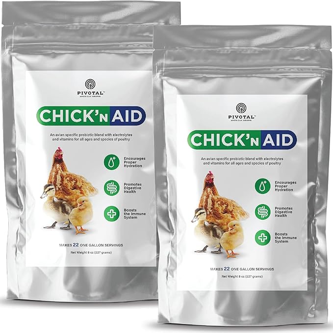 Pivotal Feeds Chick’n Aid Poultry Supplement 8 oz (Pack of 2) – Electrolytes, Probiotics & Vitamins for Chickens, Ducks & Turkeys | Supports Hydration, Gut Health & Immune Function | Made in USA