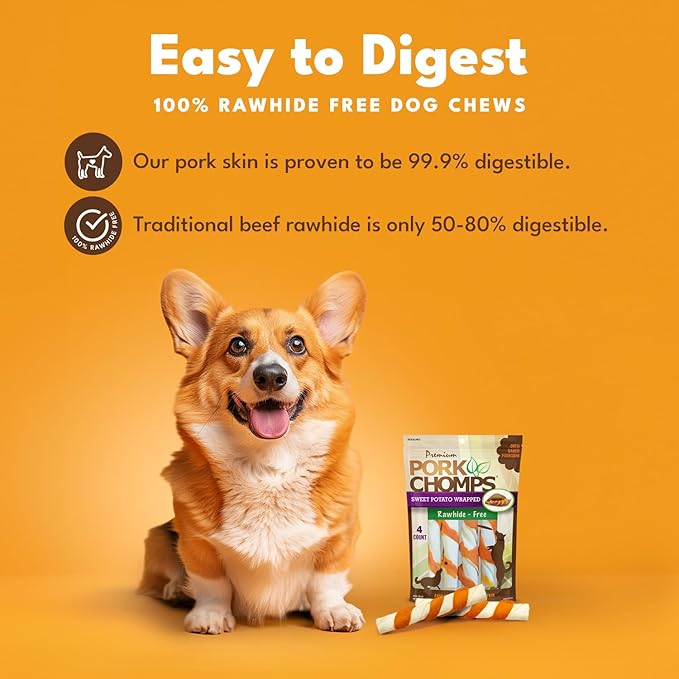 Pork Chomps Baked Pork Skin Dog Chews, 6 Inch Twists, 4 Count - Sweet Potato Wrap - Long-Lasting Treats for Dogs - High Protein, Rawhide-Free, Low Fat, Healthy & Delicious Chews