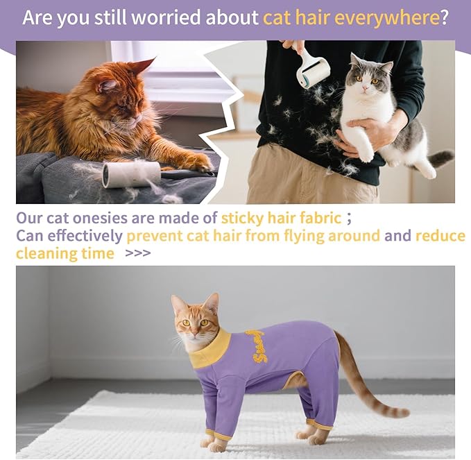 T'CHAQUE Sticky Hair Cat Onesie Pajamas, Soft Long Sleeve Cat Clothes, Anti-Shedding, Surgery Recovery Suit, Wound Protection & Preventing Licking, Kitten Sweaters for Male & Female, Purple-XL
