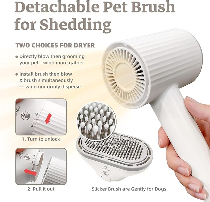 Dog Brush for Shedding, Professional 2-in-1 Pet Hair Dryer & Dog Grooming Brush with Removable Comb, Adjustable Temperature/Speed, Portable Brush for Dogs and Cats