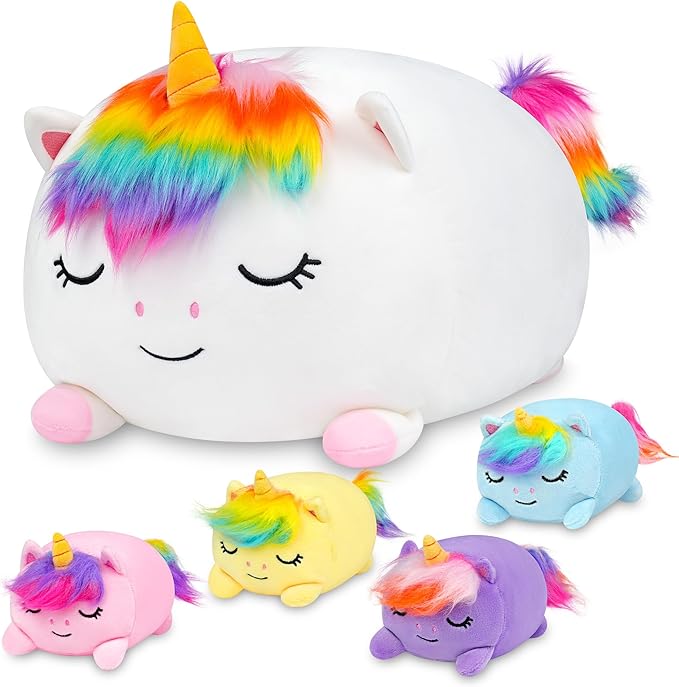 Unicorn Plush, Stuffed Animal Set with 4 Baby Unicorns, Soft Stuffed Toy Pillow, Pink Birthday for Kids Boys Girls