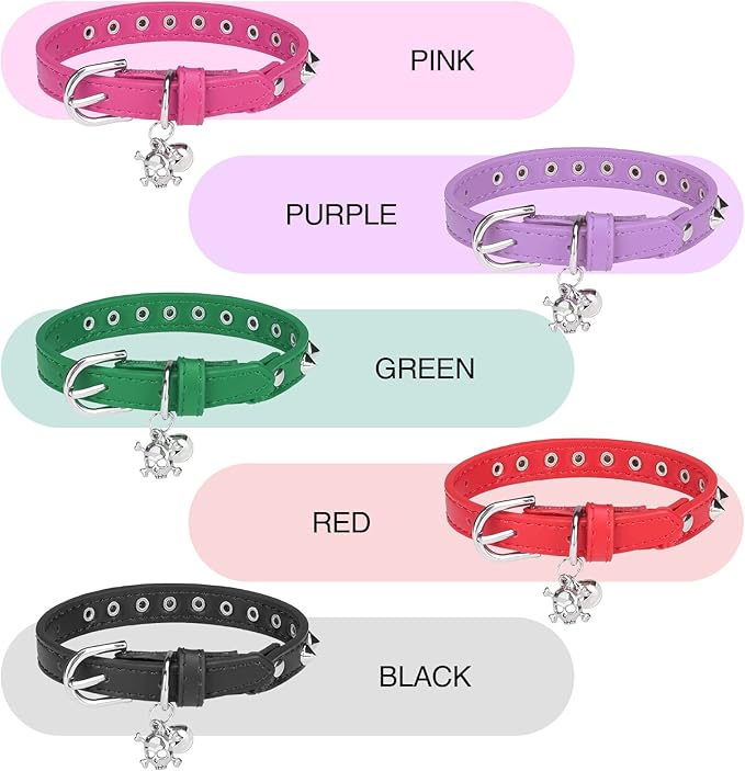 Leather Cat Collars for Boy Girl Cats with Bell and Safety Elastic Belt, Personalized Rivets Stud Adjustable Safe Buckle Collar with Skull Charm for Kitty Small Pets