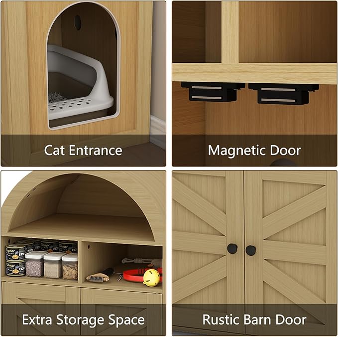 Arched Litter Box Enclosure, Cat Litter Box Furniture Hidden, Cat Washroom Bench Storage Cabinet with Double Doors and Open Shelf for Bedroom, Living Room