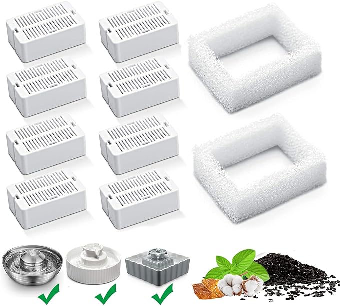 Cat Water Fountain Replacement Filter, 8 Pack Cat Fountain Carbon Filters and 2 Pack Foam Filters for Ceramic Pet Drinking Fountain and Stainless Steel Pet Water Fountain (8+2 Pack)
