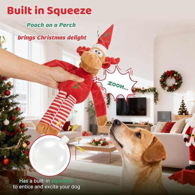Christmas Dog Toy Reindeer Plush with Squeaker & Crinkle Paper – Holiday Squeaky Chew Toy for Small and Medium Dogs – Interactive Santa Elf Pooch on a Perch Dog Gift