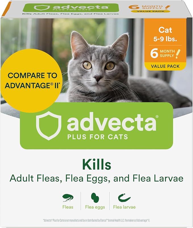 Advecta Plus Topical Flea Treatment for Cats and Kittens, Flea Prevention and Control, Small & Large, Fast-Acting Waterproof Drops, 6-Month Supply