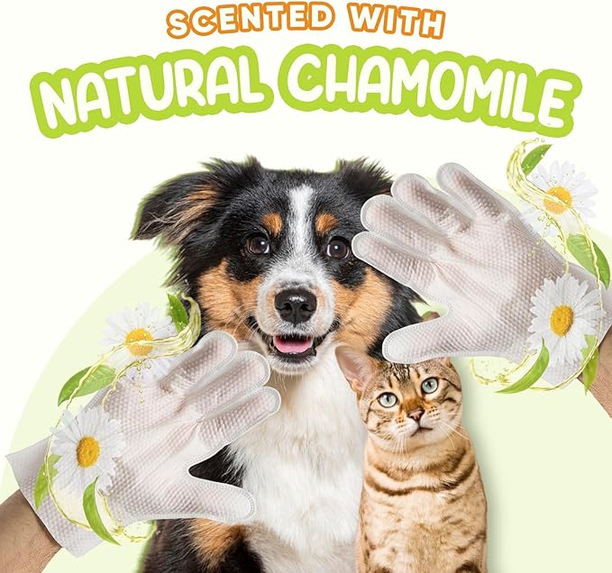 Pet Deodorizing Glove Wipes for Dogs & Cats | Nourish & Clean Fur & Skin | Coconut Oil & Chamomile Rinse-Free Wipes | Bathing Glove Wipes for Daily Care | Natural, Hypoallergenic (8 Pack)