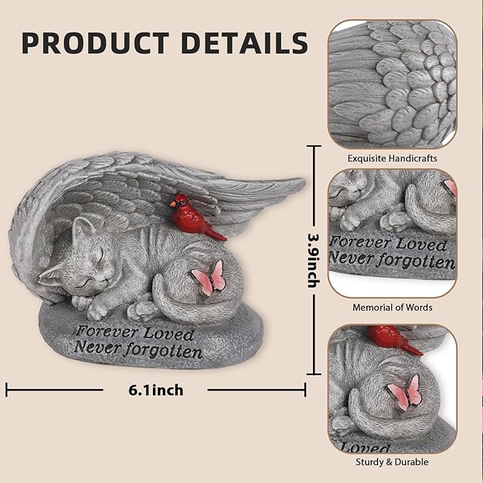 Cat Memorial Stones with Angel Wing Kitten Sculpture Sleeping 6 Inch, Pet Grave Markers Resin Pet Loss Sympathy Gift Cat for Outdoor Garden Gravesite Funeral