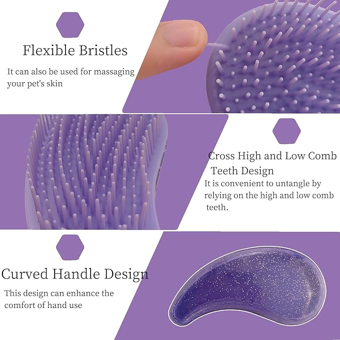 Comma-Shaped Small Dog Brush and Cleaning Comb, Fit for Yorkie, Shih Tzu, Maltese Maltipoo Pomeranian - Gentle Soft Bristles for Effortless Pet Hair Removal, Puppy Essentials (Crystal Purple)