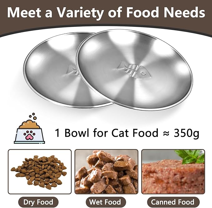 Stainless Steel Cat Dishes with Fishbone Pattern, Metal Cat Food Dishes, 6.7" Wide Whisker Friendly Cats Plates, Cute Plates with Non-Slip Pad for Indoor Cats 4 PCS