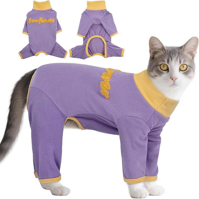 T'CHAQUE Sticky Hair Cat Onesie Pajamas, Soft Long Sleeve Cat Clothes, Anti-Shedding, Surgery Recovery Suit, Wound Protection & Preventing Licking, Kitten Sweaters for Male & Female, Purple-XL