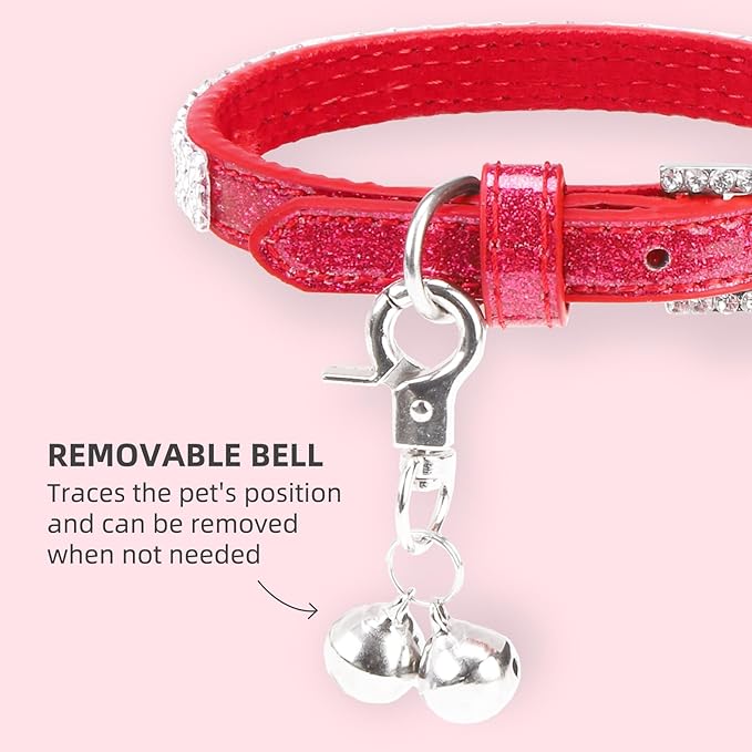 PUPTECK Basic Adjustable Cat Collar with Bling Diamond and Double Bells, for Kitten and Small Puppy, Fashion and Shining Dog Rhinestone Collars, 8-10in, Red