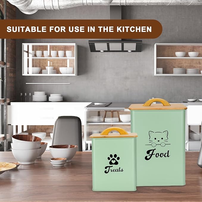 Cat Food Storage Container with Scoop, 2PCS Cat Food Storage Container with Lids Airtight, Cat Treat Jars for Kitchen Counter-7+3Lbs, Cat Cookie Jar for Storage,Saga Green