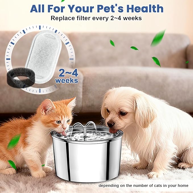 Cat Water Fountain Filters Replacement, 24 Pcs Pet Water Fountain Filter with 24 Pcs Foam Sponges for 67oz/2L & 108oz/3.2L Stainless Steel Pet Cat Water Fountain Dispenser Filters