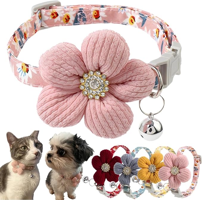 Small Dog Collar with Flower, Puppy Collar for Girl Cute Female Dog Collars for Small Dogs Pink Floral Kitten Collar with Bell Adjustable for Tiny Little XXS XS Extra Small Pets Cats Dogs, XSmall