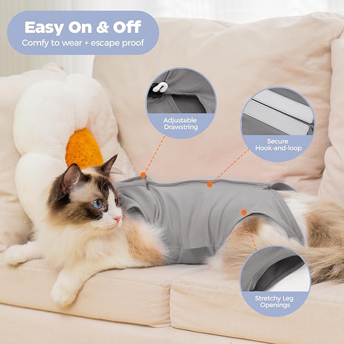 Avont Cat Recovery Suit Female Kitten After Spay Surgery, Breathable Modal Cotton Cat Onesie for Wound & Skin Disease Care, Machine Washable -Grey(M)