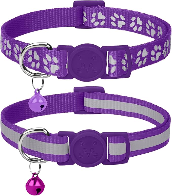 Taglory Kitten Collar Breakaway with Bell, Reflective Soft Cat Collar for Small Kittens, Adjustable 6-8 Inch High Visibility Night Strip, Lightweight for 2-6 Months Baby Cats, 2 Pack, Purple