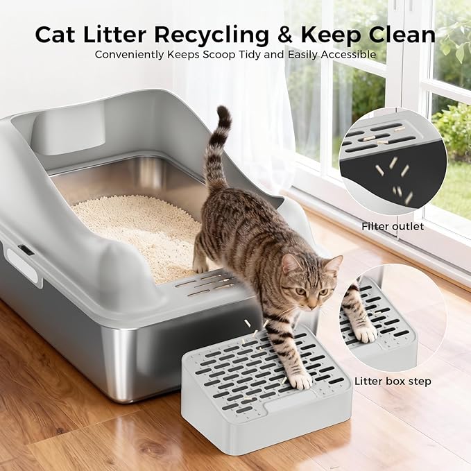 GTPLAYER Stainless Steel Cat Litter Box XL - Extra Large High-Sided Open-Top Metal Litter Box for Large & Multi-Cat Homes, Splash Guard, Low Entry, Easy Clean 304 Steel with Step, Mat & Scoop, Beige