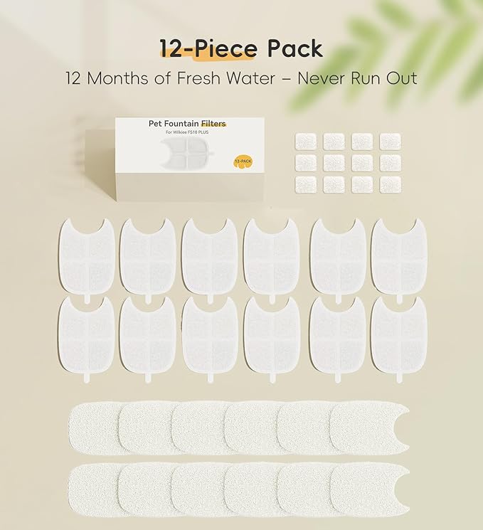 12 Pack Filters Replacement Filters for FS10 Plus, 6 Layer Filter, Pet Drinking Fountain for 138 fl oz/4.1L FS10 Plus (White, 12 Filters + 12 Sponges & 12 Pump Filters)