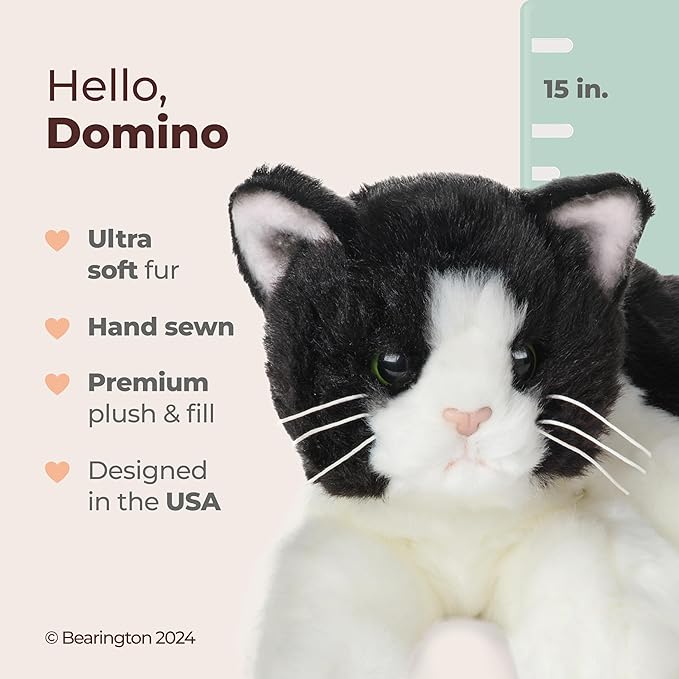Bearington Domino Cat Stuffed Animals - 15" Realistic Tuxedo Cat Plush - Black and White Kitty Plushies with Soft Fur and Lifelike Details - Adorable Cuddly Gift for Kids and Adults