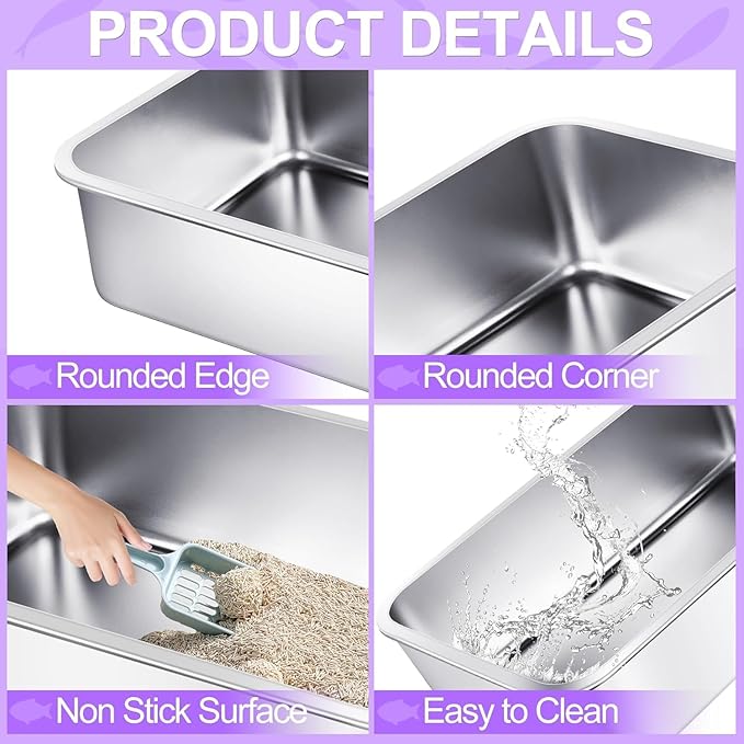 3 Pack Stainless Steel Cat Litter Boxes 17.7"L x 13.8"W x 5.9"H Large Metal Litter Boxes with High Sides Sturdy Kitty Litter Aluminum Pans for Pets No Smell, Non Stick, Easy to Clean (M)