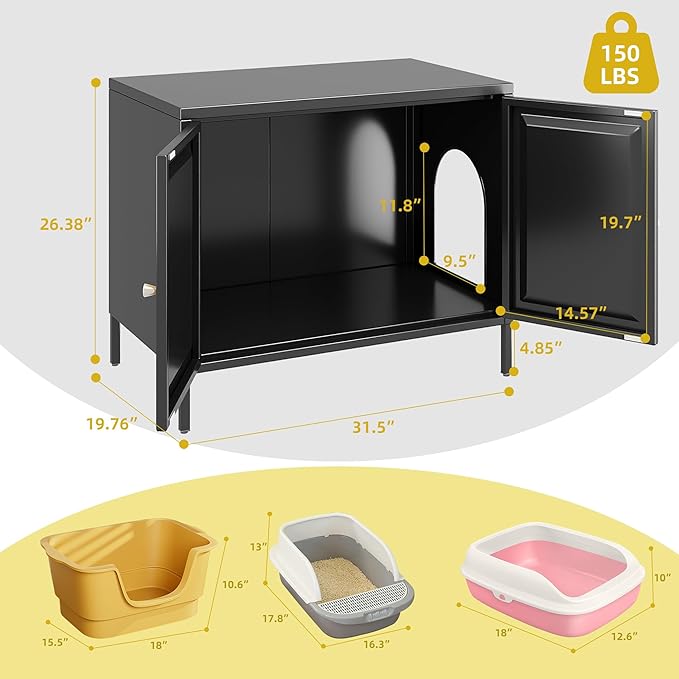 METAN Metal Cat Litter Box Enclosure,Steel Cat Washroom Furniture with Barn Door, Pet House, Fit Most of Litter Box,Assembly Required,Black, (Black)