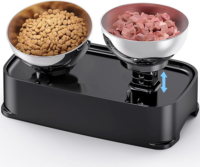 Elevated Cat Bowls, 15° Tilted in Both Way & 4 Height Adjustable Raised Cat Food Bowl, Cats Dish for Food and Water with 2 Stainless Steel Bowls, Anti Vomiting for Cats Puppy, Non-Slip No Spill