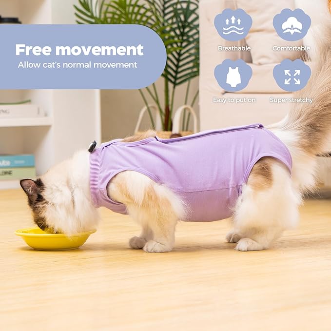 Avont Cat Recovery Suit Female Kitten After Spay Surgery, Breathable Modal Cotton Cat Onesie for Wound & Skin Disease Care, Machine Washable -Purple(L)