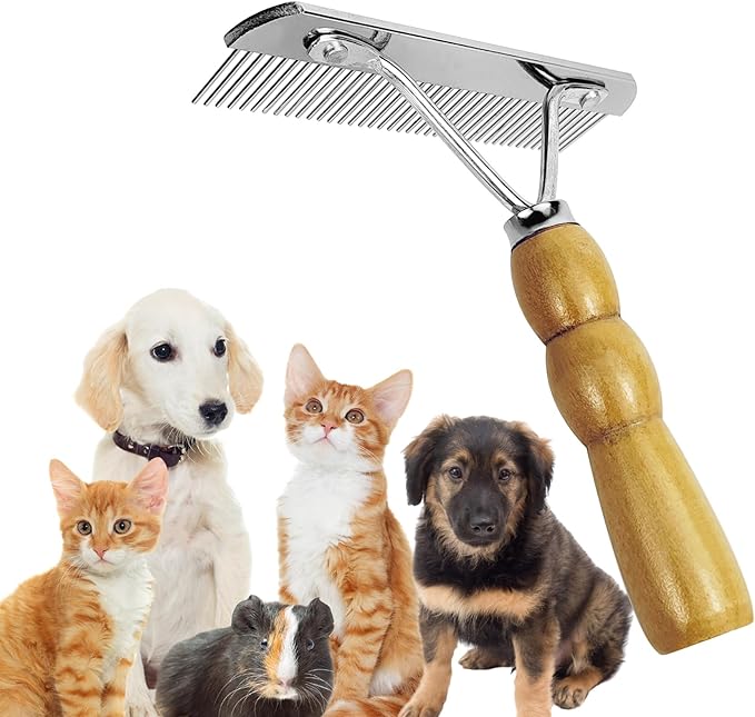H H&J HUAJIAN Undercoat Rake for Long-Haired Dogs and Other Shedding Pets,Gentle Undercoat Scrubber for Horses, Dogs with Shedding Fur, and Pet Grooming, Wood Handle (1)