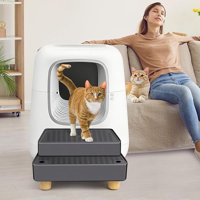 Extra Large 2 Steps Cat Litter Box Step Ramp, Cat Litter Catcher Mat with Wooden Feet, Filter Function, Cat's Pedal Stool for Self-Cleaning Litter, Suitable Kitten & Elderly Cats (Dark Grey)