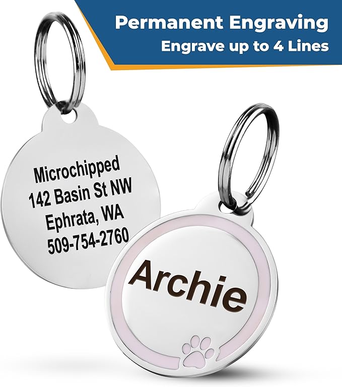 GoTags Stainless Steel Pet ID Bone Round and Heart Shaped Tags with Enamel Paw Design, Personalized Dog and Cat Tags, up to 5 Lines of Custom Text, Engraved on Both Sides (Charcoal, Small Round)