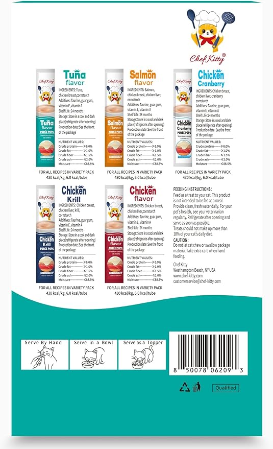 Purée Pops, Cat Treats, Grain-Free, Lickable, Squeezable Creamy Cat Treat/Topper with Vitamin E & Taurine, 0.5 Ounces Each Tube, 10 Tubes, Tuna Flavor