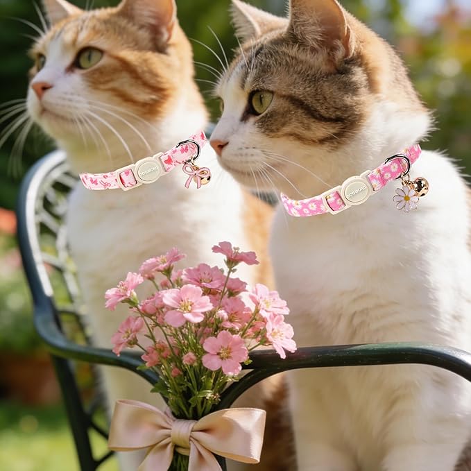 2 Pack Pink Floral Cat Collars Breakaway with Bell, Safety Buckle Daisy Cat Collar for Girl Cats and Small Dogs，Adjustable 7-12 Inch,Pet Supplies Accessories