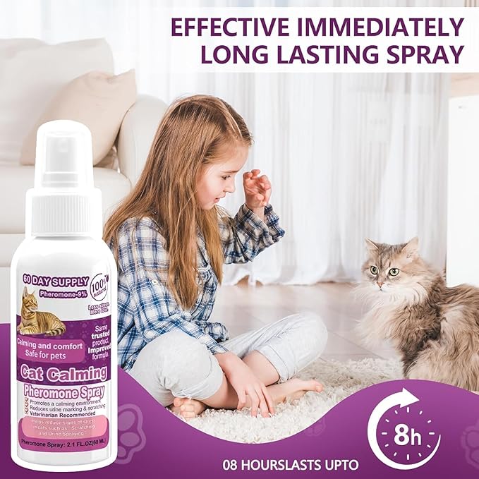 Cat Calming Pheromone Spray - Feline Facial Pheromones for Cats, Helps Reduce Anxiety, Stress, Scratching and Urine Marking, Anti Stress Calming Cat Spray for Travel, Vet Visits - 4.3 fl.oz 60 Day Kit