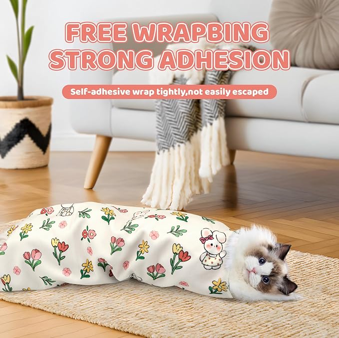 27.6" Cat Grooming Wrap for Cutting Nails, Rabbit Pattern Self-Adherent Fabric Wrap for Cats, Anti-Scratch Anti-Escape Multifunctional Cat Swaddle Tool for Teeth Brushing, Ear Cleaning