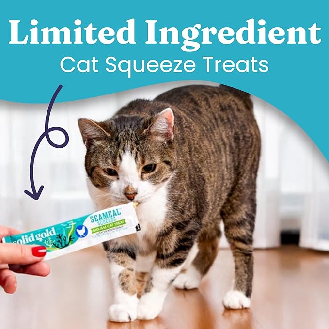 Solid Gold SeaMeal Squeeze Chicken Lickable Cat Treats with Seaweed for Skin & Coat - Wet Cat Treats with Digestive & Immune Health Support - Natural, Holistic, Grain Free (48 Squeezes)