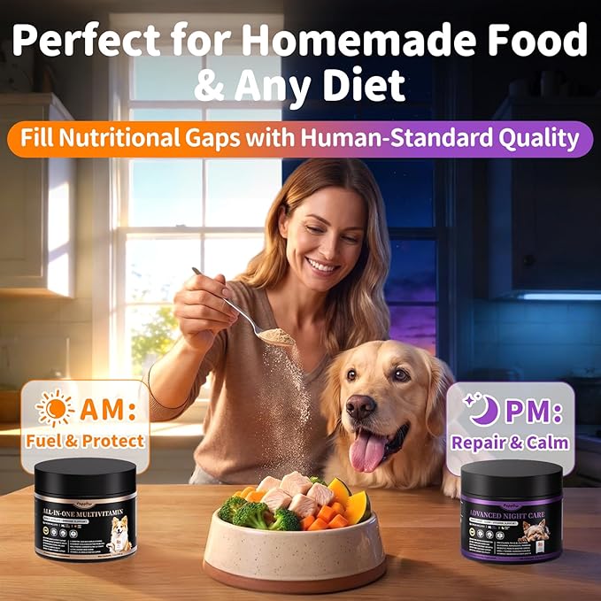 25-in-1 Dog Vitamins and Supplements - Day & Night 2 Pack - Dog Multivitamin Powder with Collagen, Glucosamine, Probiotics - Joint, Gut, Calm, Skin & Immune Support, Beef Flavor, 150 Scoops