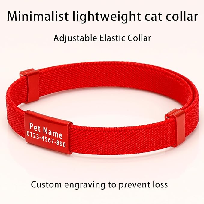 Minimalist Stretch Lightweight Custom Engraved Cat Collar with Name Tag Personalized Cat Collars for Kitten Boy & Girl Cats (Red, Collar with Nameplate)