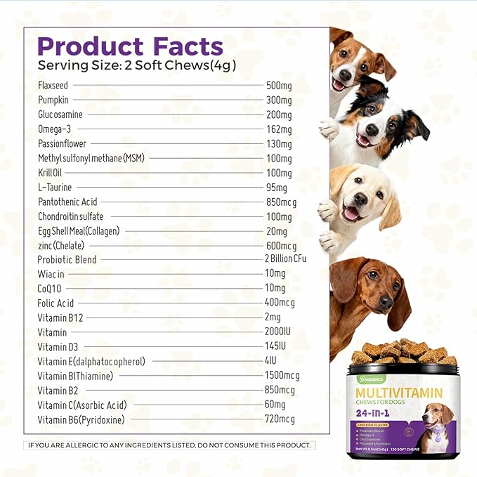 Dog Multivitamin Supplement for Dogs Vitamins Chewable Contain Glucosamine, Vitamin, Probiotics, Omega-3 for Puppy Supplies Skin Coat, Heart, Hips & Joints, Digestion & Immune System 120pcs