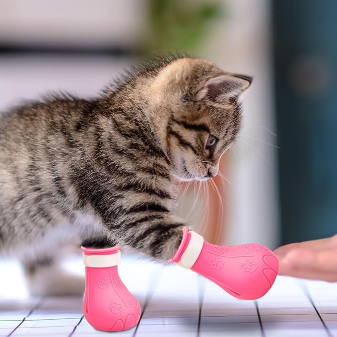 Gosknor 4pcs Cat Feet Covers, Adjustable Anti-Scratch Anti-Bite Silicone Kitten Paw Claw Caps Boots for Nail Trimming Bathing Checking Multifunctional Pet Grooming Protector Products (Pink)