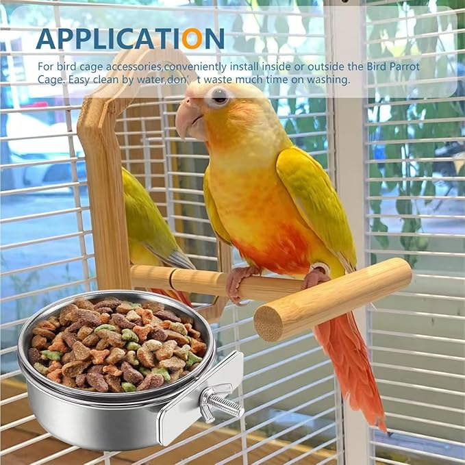 2Pcs Stainless Steel Bird Feeding Bowls, Small Bird Feeding Cup, Stainless Steel Parrot Food Bowl Cage with Holder, Parrot Cage Water Feeder, Pet Cage Cup Holder (Dia 7.09", 4.72",)