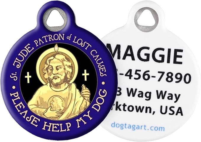 Dog Tag Art Religious Custom Pet ID Tag for Dogs and Cats, Personalized Dog Tag with Customized Identification Information, Saint Jude Please Help My Dog, Large (1.25" Diameter)