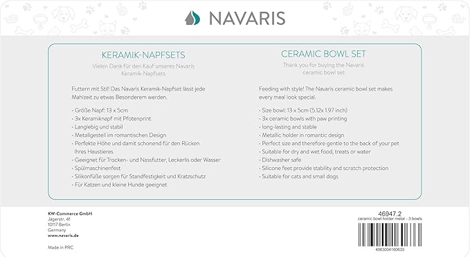 Navaris Ceramic Pet Bowl Set - Small Dogs, Puppies, and Cat Food Bowl with Non-Slip Retro Metal Stand - Dog or Cat Bowls for Indoor Cats and Dogs - Set of Bowls, 10.8 oz Each