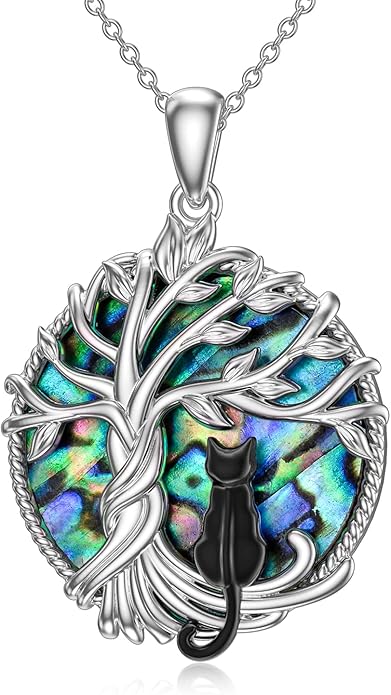 TOUPOP Cat Gifts for Cat Lovers Sterling Silver Cute Cats Tree of Life Pendant Necklace with Blue Circle Crystal Birthday Christmas Jewelry Gifts for Women