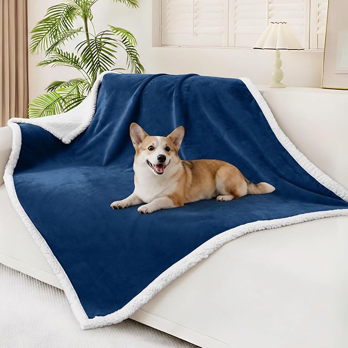 Smiry Waterproof Blanket Throw for Large Dogs, Soft Reversible Dog Blanket for Sofa Couch Bed, Washable Leakproof Sherpa Fleece Furniture Couch Protector(50"x60", Navy/White)