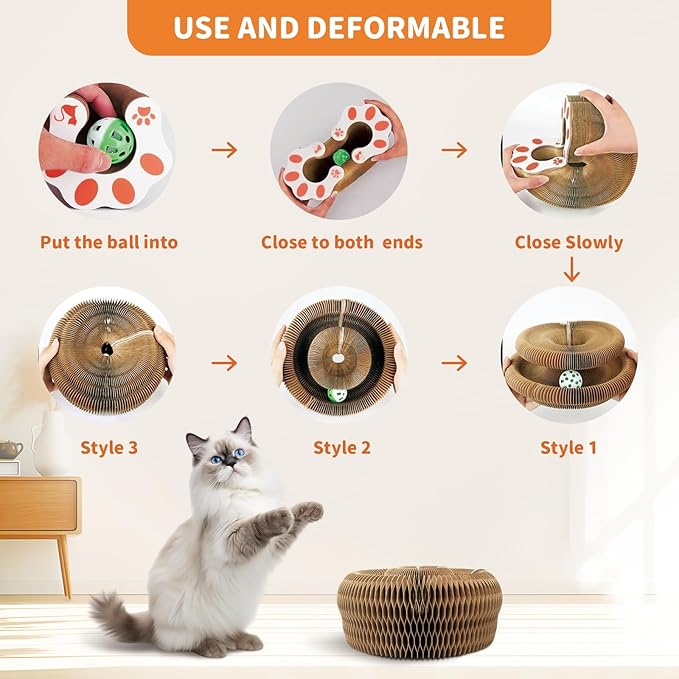 Collapsible Cats Cardboard Scratcher, Interactive Cat Toys for Indoor Cats, Scratch Pad Shape Shifting Ball Track with Bell, Magic Organ Cat Toy for Chase & Scratch Paw Toys for Kitties Pink